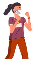 Vector portrait of young woman in face medical mask want to fight with virus at white background. Viral pandemic. Respiratory protection from virus pandemia. Vector cartoon character in flat style
