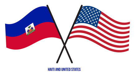 Haiti and United States Flags Crossed And Waving Flat Style. Official Proportion. Correct Colors