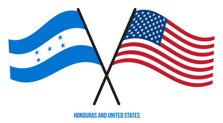 Honduras and United States Flags Crossed And Waving Flat Style. Official Proportion. Correct Colors