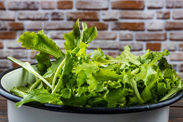 Mixed fresh salad in a large iron pan, closeup. The concept of natural healthy eating.