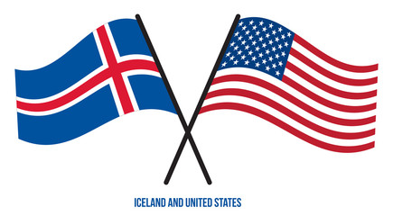 Iceland and United States Flags Crossed And Waving Flat Style. Official Proportion. Correct Colors