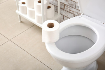 Toilet bowl and rolls of paper in restroom
