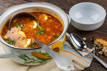 Red soup with vegetables and meat, tasty, traditional Ukrainian borsch, close-up, shallow depth of field, selective focus. Healthy Organic Homemade Food Concept