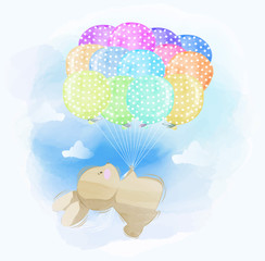 Watercolor of A Little Rabbitflying Above The Sky Using Balloons with EPS 10