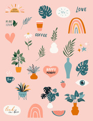 Collection of handwritten phrases, quotes, stickers and decorative design elements, plants, rainbow and leaves, hand drawn in trendy doodle style. Colorful vector illustrations and prints