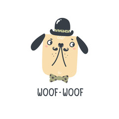 Cartoon dog with a mustaches, in a bowler hat. Hand-drawn decorative lettering 