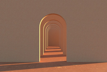 Empty space with an archway with stucco colored walls, colorful plaster, arch project idea, 3d illustration.