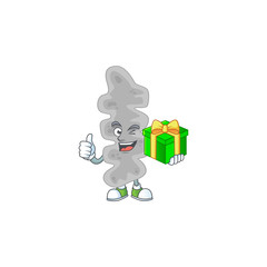 Happy smiley leptospirillum ferriphilum cartoon mascot design with a gift box