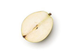 Fresh pears cut in half isolated on white