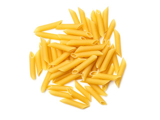Penne Rigate pasta isolated on whitу. Top view