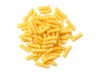 Tortiglioni pasta isolated on white. Top view