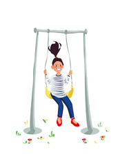 A young  cheerful girl enjoys swinging on a sunny medow, smiling with joy and laughter.