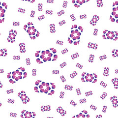 Fototapeta na wymiar Seamless pattern texture background with geometric shapes, colored and rotated in different sizes in violet, purple, white colors.