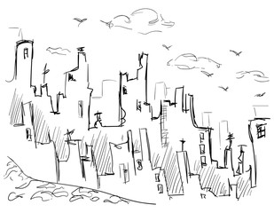Hand drawn ink city architecture on white isolated background. Suburb skyline one line drawing sketch. Doodle cityscape old town. Urban buildings outline continuous style. Vector stock illustration.