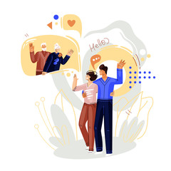 Man and woman walking and talking on online video conference with family, grand seniors. Vector flat concept of online communication and virtual family meeting. Smartphone online chat illustration