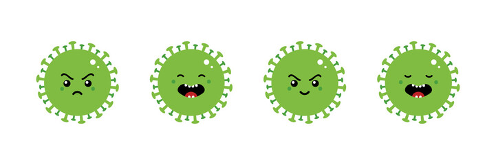 Cartoon style green virus, coronavirus characters with different facial emotions, vector icons.