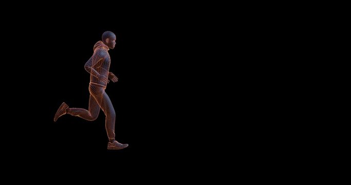A man running against a black background with copy space. Side View.  4K 3D render with alpha matte channel included