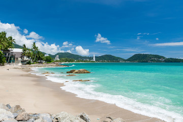 Beautiful view of quiet sunny day Kalim beach near Patong beach in Phuket Thailand during locked down policy due to Covid-19. All beaches in Phuket are not allowed to enter.