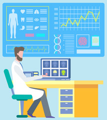 Doctor sitting on workplace and researching diagnostic report patient, ct scan. Monitor with cardiogram and organs icon, laboratory occupation, mri vector