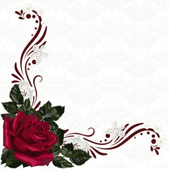 Templates of invitation, greeting card with decorative frame and flowers. Red rose blossom and leaves.