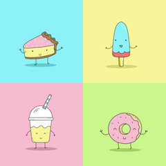 Cute hand drawn set with Funny Cartoon food. Vector kawaii food