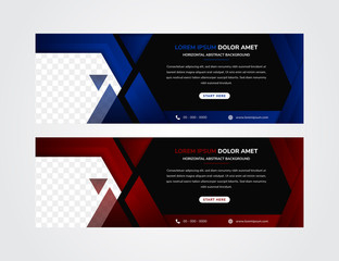 Set of horizontal banner with dark background combined with red and blue gradient element design. Hexagon shape of space for photo. Business template designs.