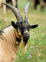 Portrait of a beautiful brown goat outside