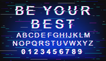 Be your best glitch font template. Retro futuristic style vector alphabet set on blue background. Capital letters, numbers and symbols. Contemporary typeface design with distortion effect
