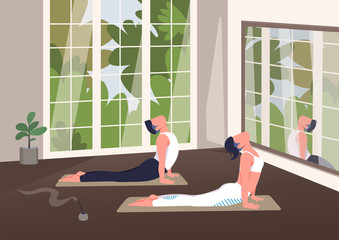 Indoor yoga class flat color vector illustration. Sportsman and sportswoman in cobra pose 2D cartoon character with window on background. Healthy lifestyle, relaxation exercise and aromatherapy
