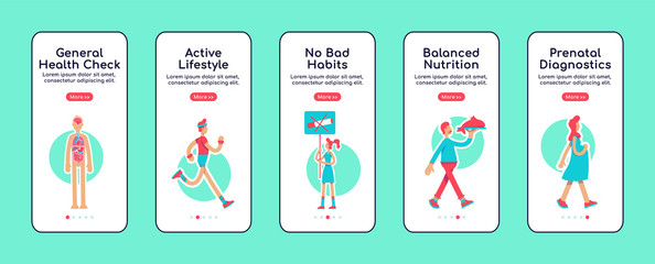 General health care onboarding mobile app screen flat vector template. Avoid bad habit. Walkthrough website steps with isolated characters on white. UX, UI, GUI smartphone cartoon interface