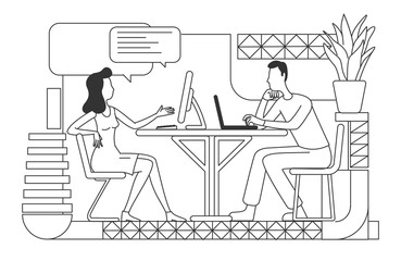 Corporate workers communication thin line vector illustration. Office manager training new employee outline characters on white background. Business people coworking simple style drawing