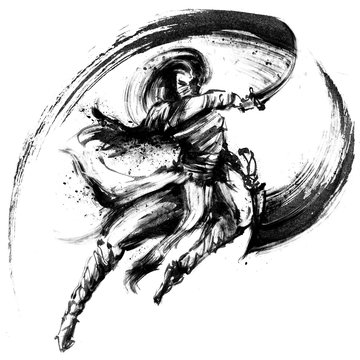 A ninja with two daggers in an epic jump pose, makes a cut with splashes in the air, with an ink trail. 2D illustration.