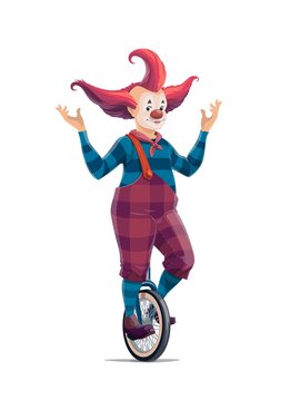 Big top circus cartoon clown on monocycle isolated vector icon. Smiling joker with crazy hairstyle in pants on suspenders and striped stockings. Jester performer, shapito circus clown entertainer