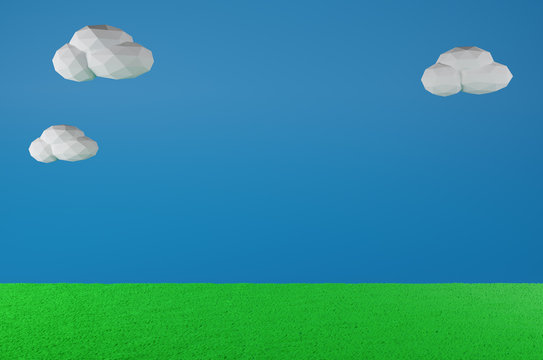 Grass Field and sky.Old video game. retro style Background.3D Render illustration.