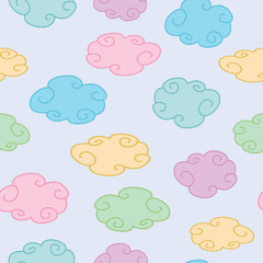 Cute colorful pastel colored clouds seamless background