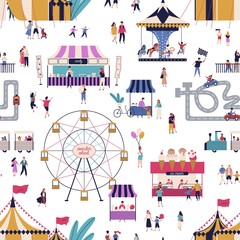 Amusement park with tiny people seamless pattern vector flat illustration. Cartoon man, woman, children and couple at outdoor attraction area on white background. Family entertainment leisure