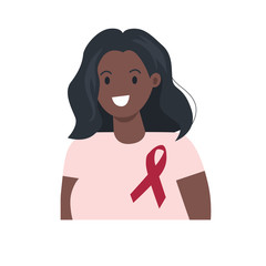Smiling african woman with red ribbon on chest. World AIDS day. Awareness campaign. Fight against disease. Flat vector illustration.