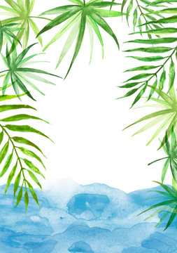 Watercolor Branches, leaves, fern, palm, liana mint, bamboo. With a place for writing. background, pattern, card, label. blue spot, splash of paint, blot, divorce, color.Blue wave of the sea, ocean.