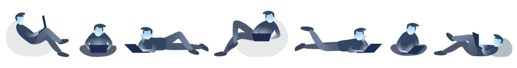 Monochrome set of people with laptop. Isolated vector flat illustration of characters with notebook. Collection of office person working at home. Online education, studying indoors.