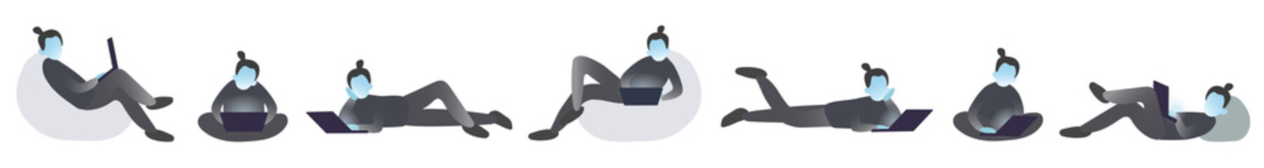 Monochrome set of people with laptop. Isolated vector flat illustration of characters with notebook. Collection of office person working at home. Online education, studying indoors.