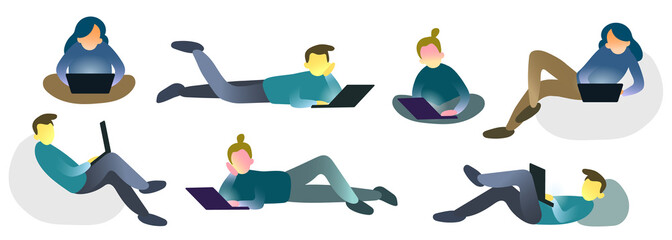 Colour set of people with laptop. Isolated vector flat illustration of characters with notebook. Collection of office person working at home. Online education, studying indoors.