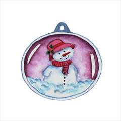 Watercolor Christmas glass ball with snowman on white background. New Year's symbol for design, print, card. Hand drawn illustration.	
