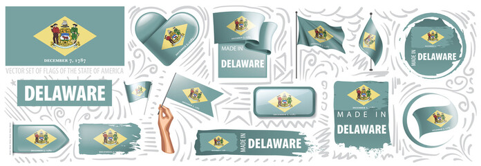 Vector set of flags of the American state of Delaware in different designs