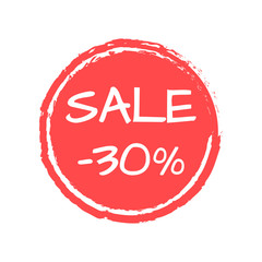 Sale sticker or icon. 30 percent price off discount label or tag with grunge texture. Hand drawn promo badge for advertising design. Vector illustration.