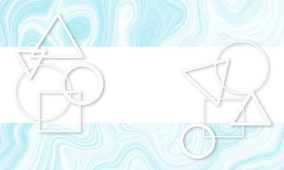 白と水色のマーブル模様の背景と白い丸、三角、四角の集合体が両脇に配置された浮き出して立体的に見える爽やかなイメージのイラスト
