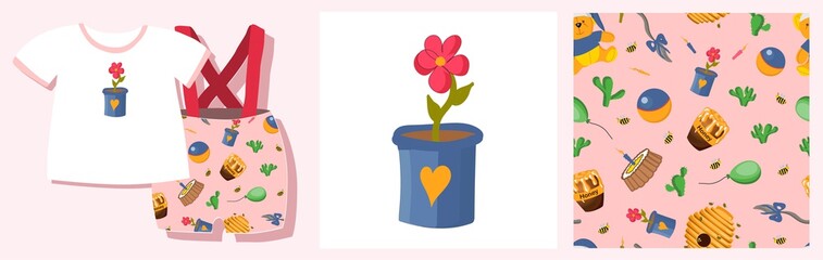 Funny print for baby clothes. Cute pattern with toys. T-shirt design. Vector illustration. Ready-made textile design kit. Seamless pattern. simple flower in a pot. children's items. Pajamas print