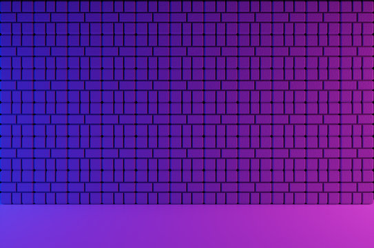 Concrete Brick Room illuminated by neon pink ,purple and blue light Background 3D Rendering Illustration.