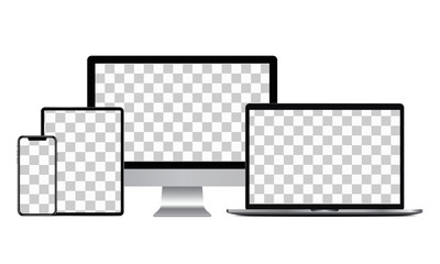 Set of realistic phone, tablet, laptop and pc with transparent screen. Vector mockup for your design project. Ideal for web design, marketing and product presentation.