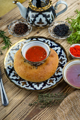 Tomato sauce, bread, pepper appetizer 