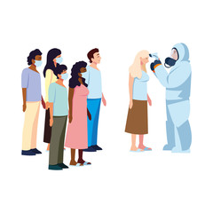 Fototapeta premium Doctor with protective suit and thermometer gun checking people temperature vector design